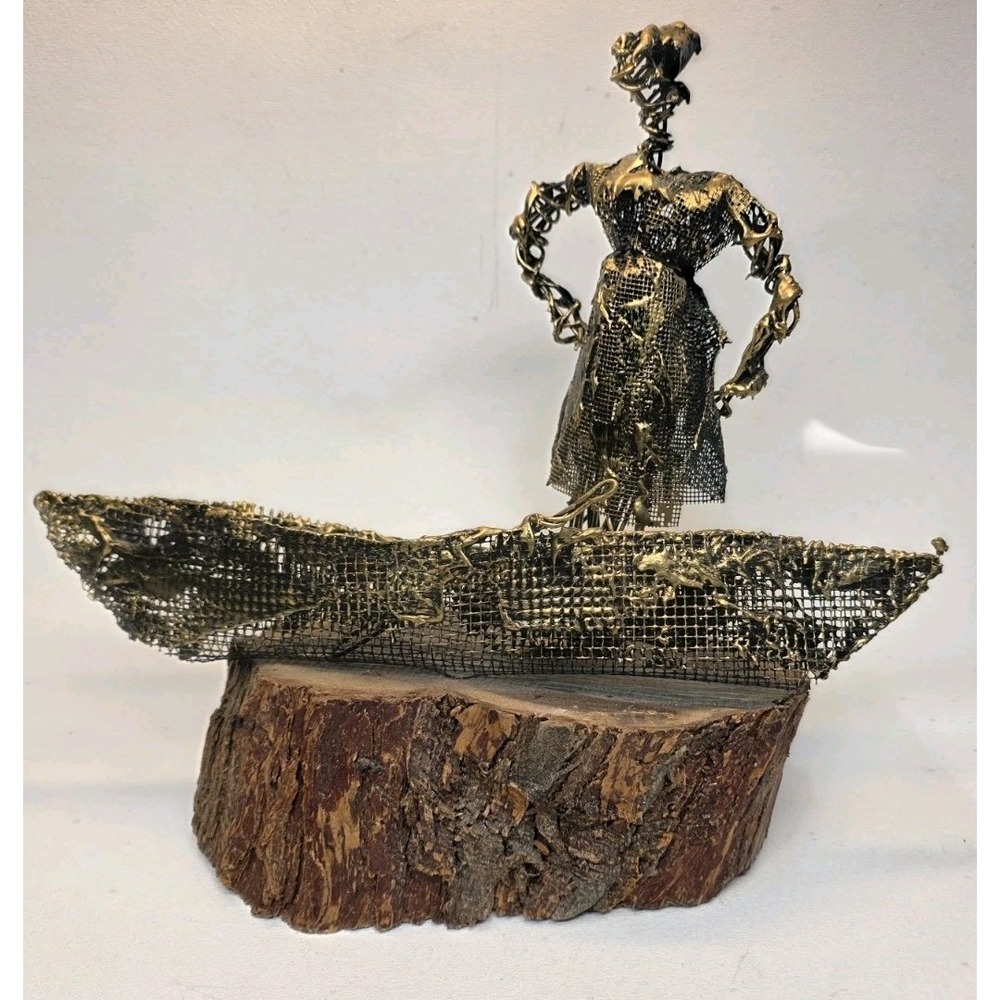 Vintage Man With Canoe On Wood Wire Art Sculpture 10" x 10" Artist 2000 Ortiz